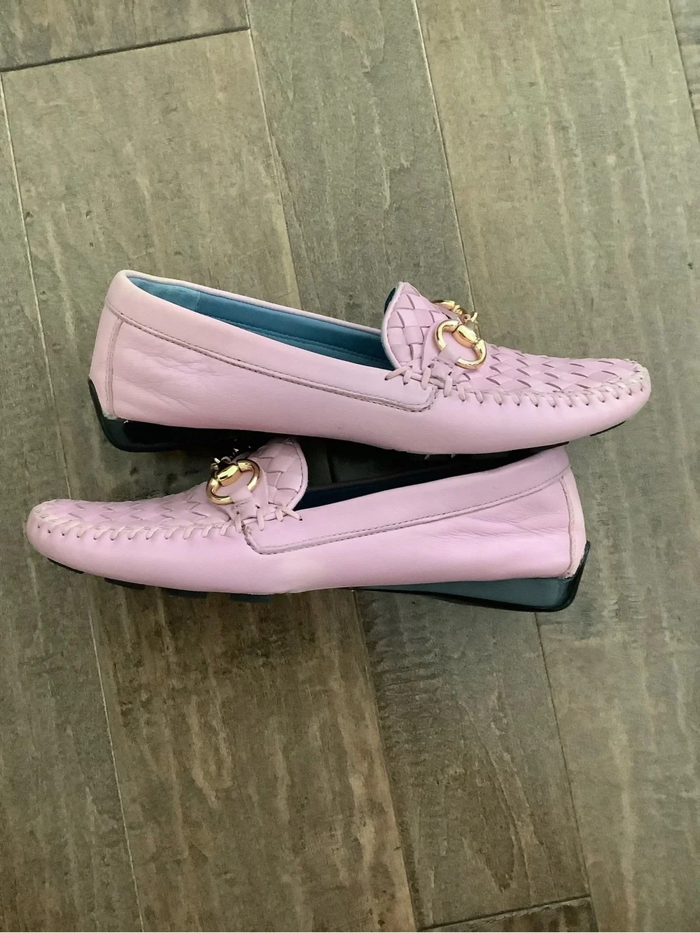 Women's Pink Woven Leather Loafers with Gold Bit Accent